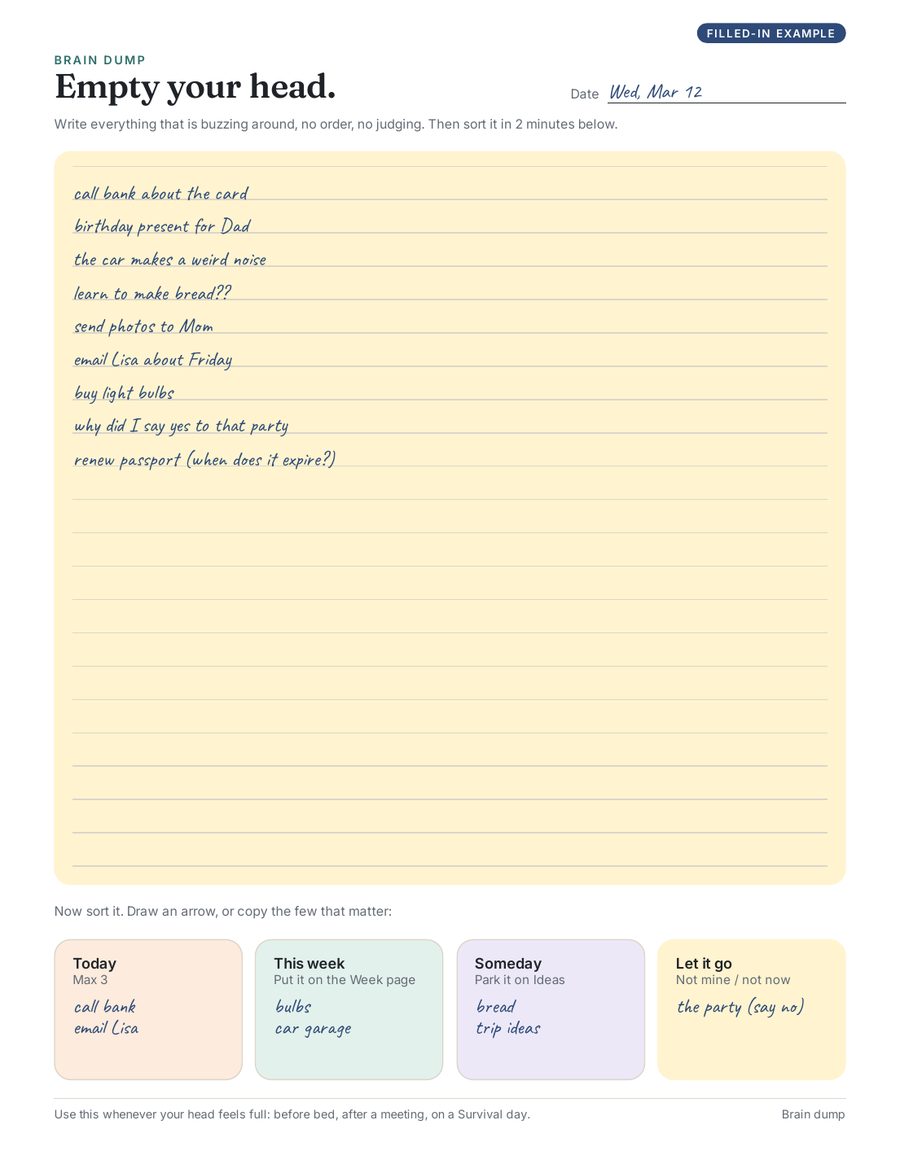 Brain dump page with sorting boxes