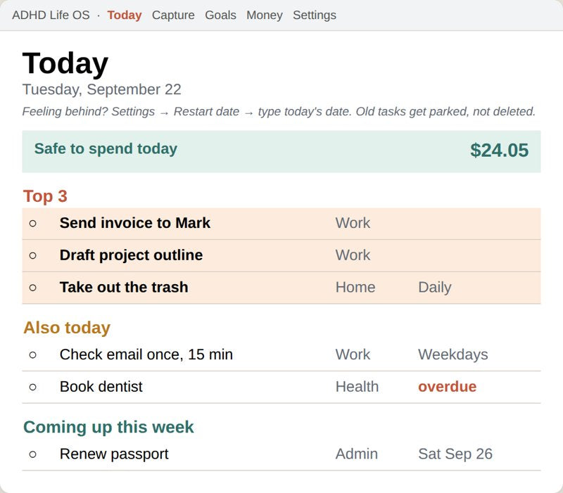 ADHD Life OS Today view with top 3 and safe-to-spend amount