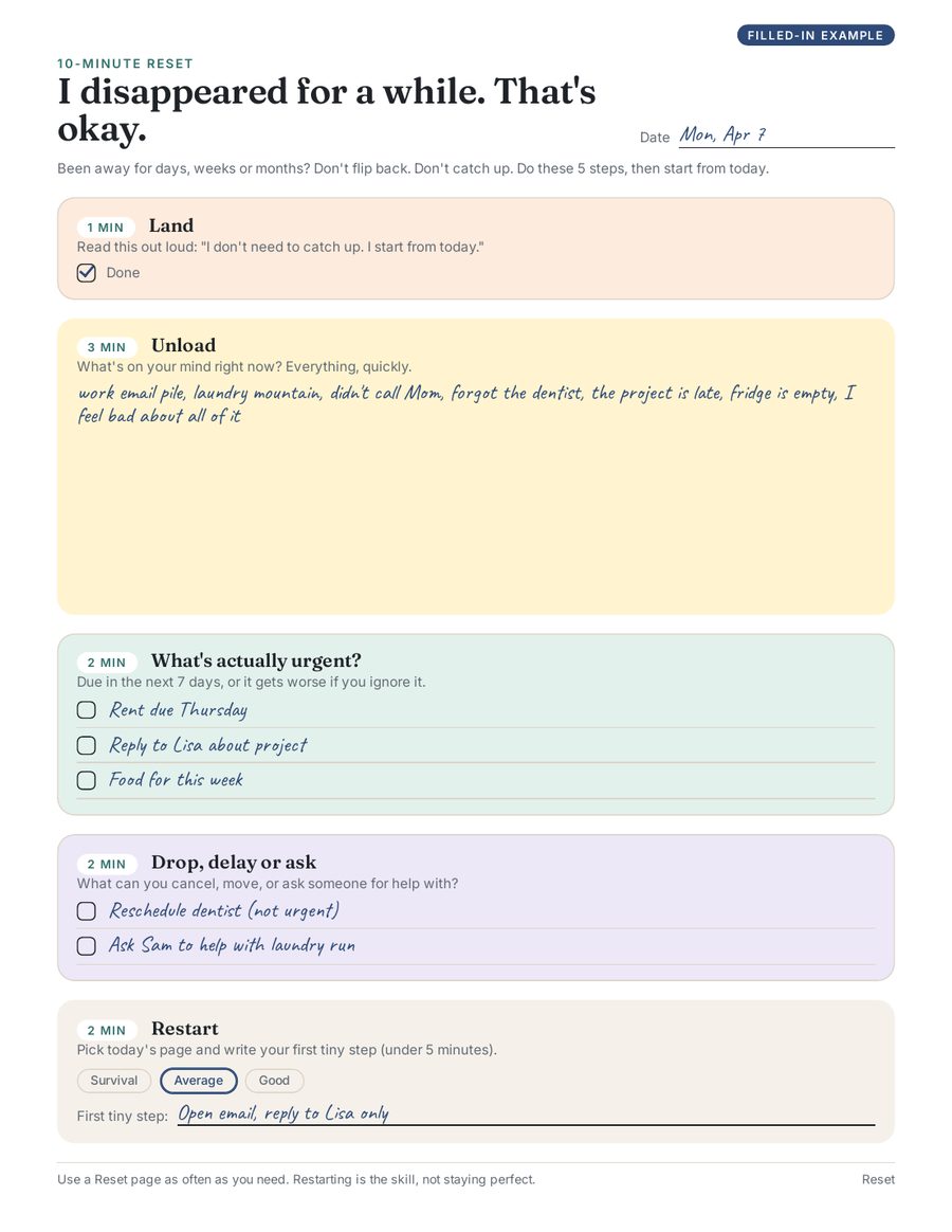 10-minute reset page, filled in