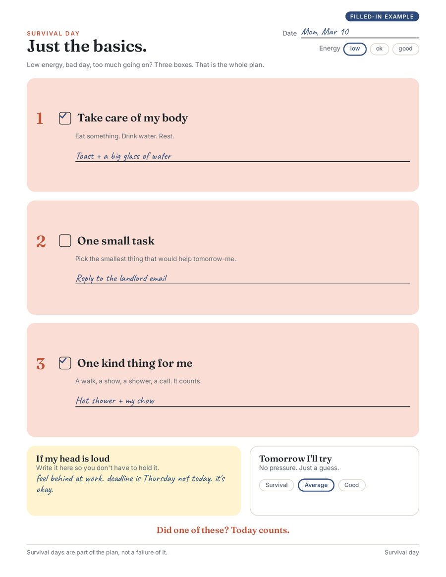 Printed Survival day page with three boxes: body, one small task, one kind thing