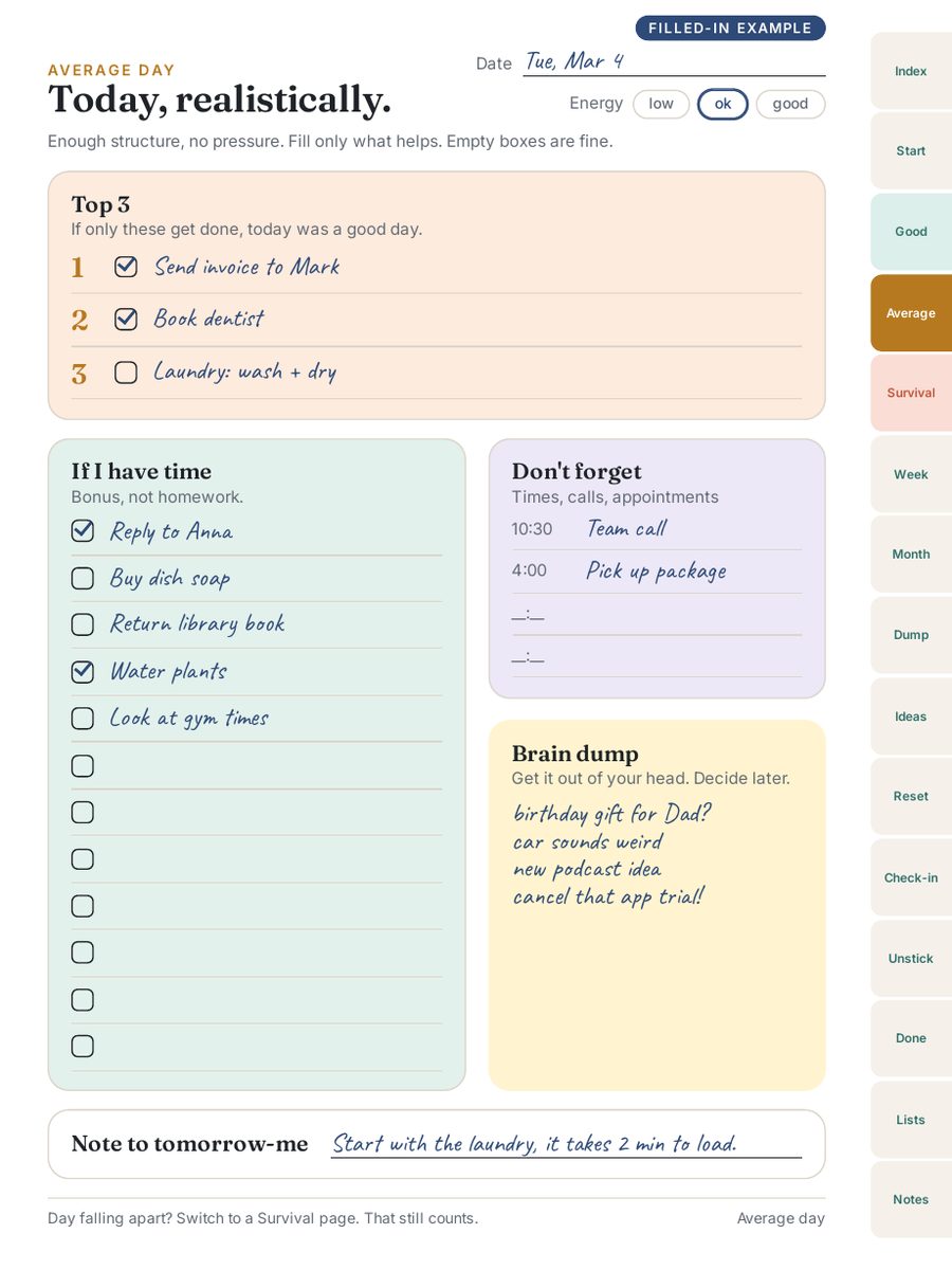 Average day page filled in on a tablet: top 3, to-do list and brain dump
